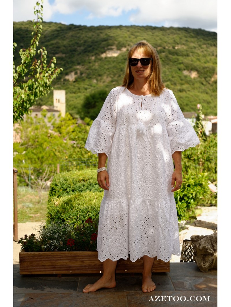 Robe Longue Broderie Anglaise Blanche Femme AZETOO
