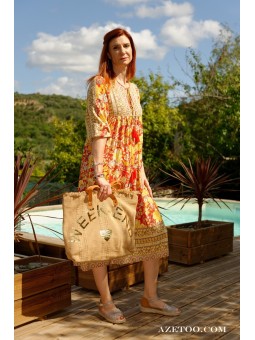 Sac Cabas Camel en Jute Imprimé Week-end 2