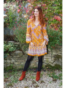 Robe bohème fleurie courte orange femme | AZETOO 2