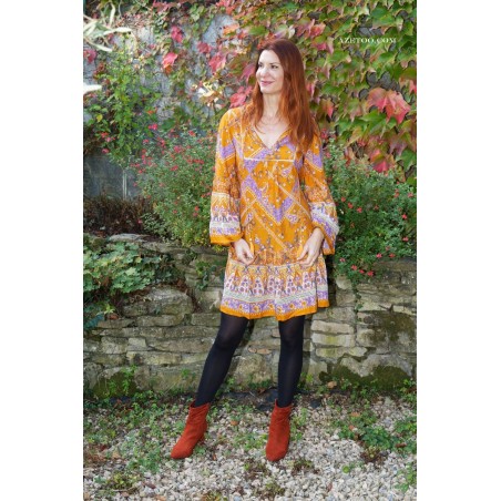 Robe bohème fleurie courte orange femme | AZETOO