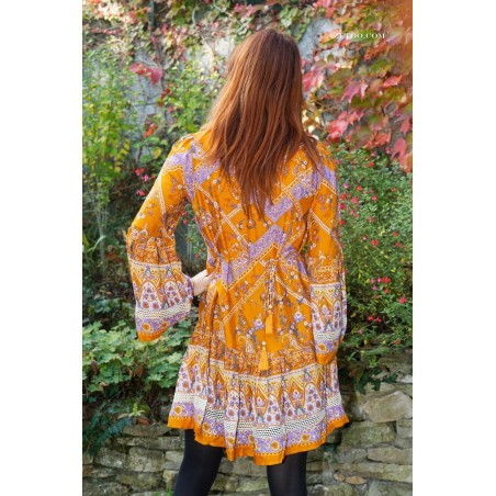 Robe bohème fleurie courte orange femme | AZETOO