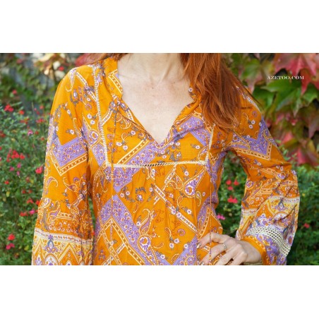 Robe bohème fleurie courte orange femme | AZETOO