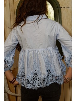 Chemise dentelle coton bleu clair femme | AZETOO 2