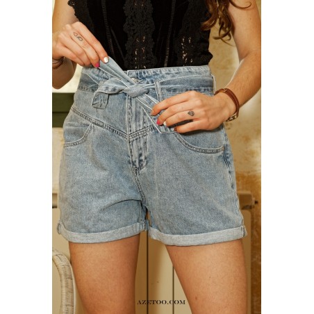 Short paperbag denim clair femme | AZETOO