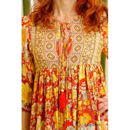Robe longue bohème fleurie jaune femme | AZETOO