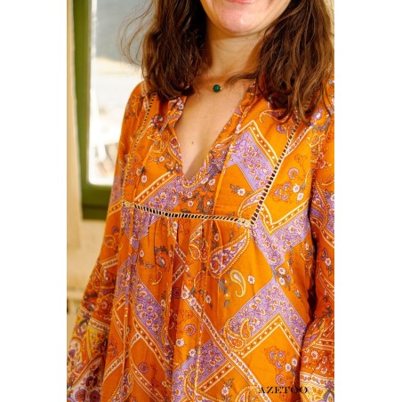 Robe bohème fleurie courte orange femme | AZETOO