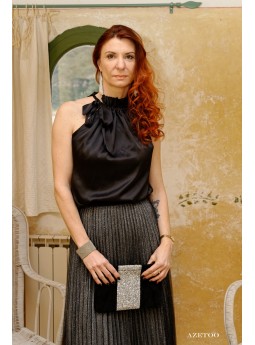 Top en Satin Noir Col à Nouer