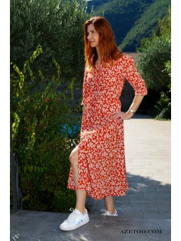 Robe chemise fleurie rouge femme | AZETOO 2