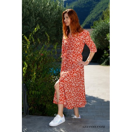 Robe chemise fleurie rouge femme | AZETOO