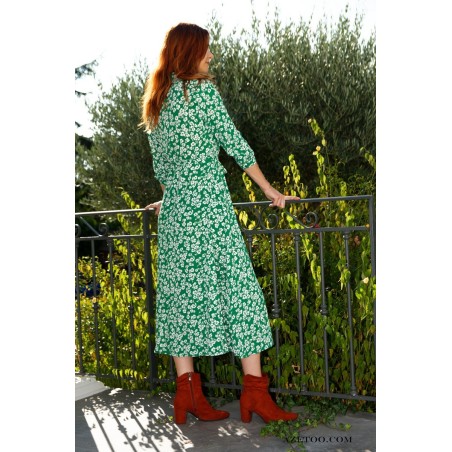 Robe chemise fleurie vert fleuri femme | AZETOO