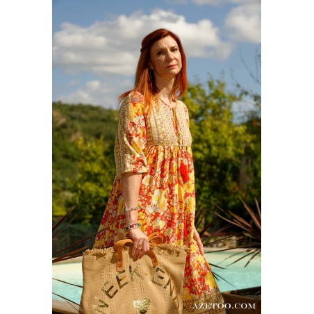 Robe longue bohème fleurie jaune femme | AZETOO
