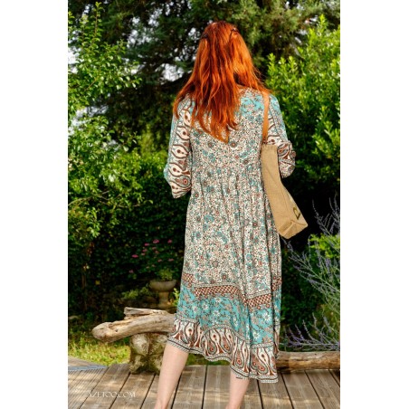 Robe longue bohème fleurie vert femme | AZETOO