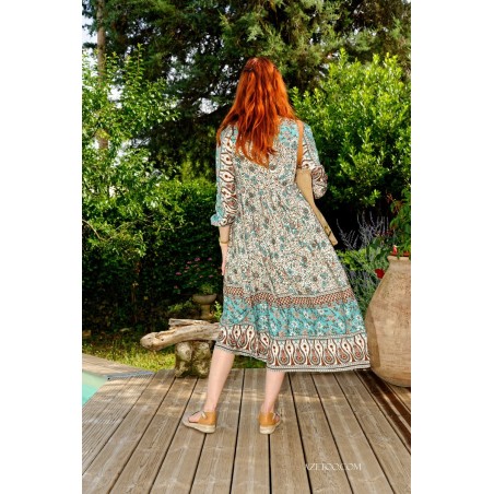 Robe longue bohème fleurie vert femme | AZETOO