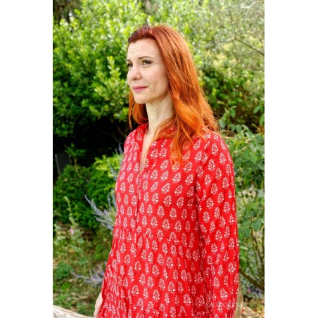 Robe longue fleurie ethnique rouge femme | AZETOO