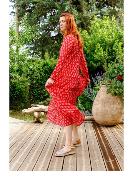 Robe longue fleurie ethnique rouge femme | AZETOO