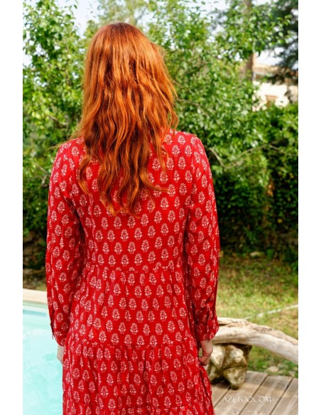 Robe longue fleurie ethnique rouge femme | AZETOO