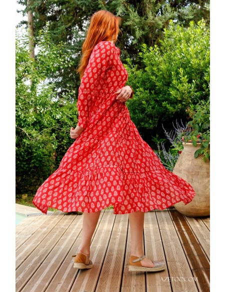 Robe longue fleurie ethnique rouge femme | AZETOO