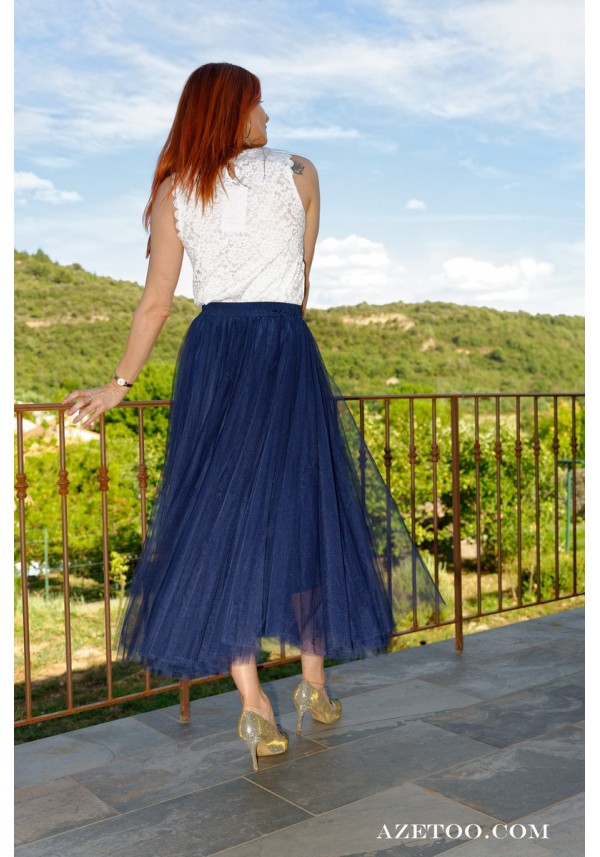 Jupe Longue en Tulle Bleu Marine