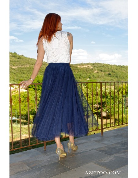 Jupe longue en tulle bleu-marine femme | AZETOO
