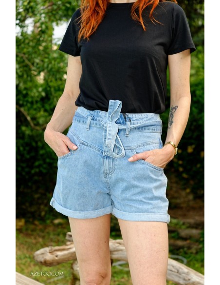 Short paperbag denim clair femme | AZETOO