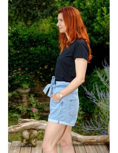 Short paperbag denim clair femme | AZETOO