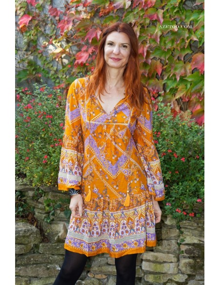 Robe bohème fleurie courte orange femme | AZETOO