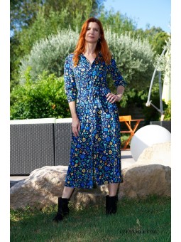 Robe chemise fleurie verte femme | AZETOO 2
