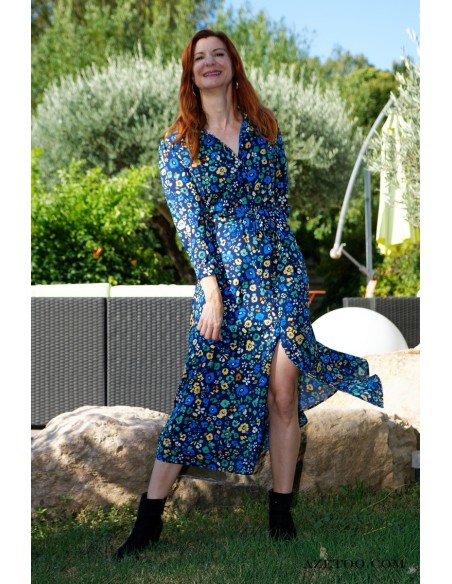 Robe chemise fleurie verte femme | AZETOO