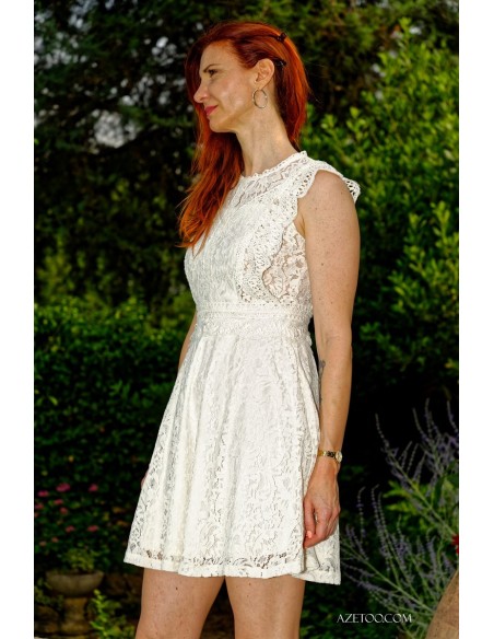 Robe courte dentelle beige femme | AZETOO
