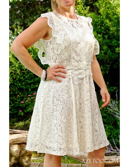 Robe courte dentelle beige femme | AZETOO