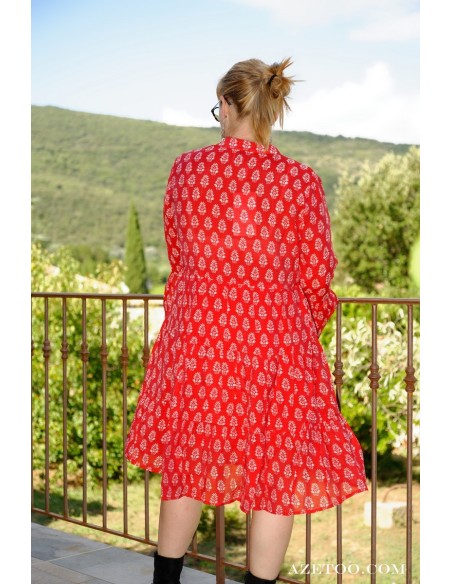 Robe courte fleurie ethnique rouge femme | AZETOO