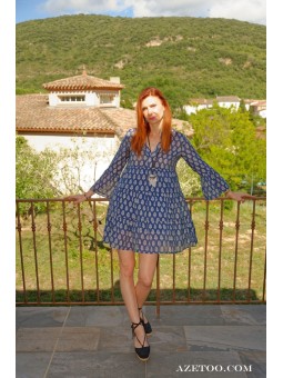 Robe courte fleurie ethnique bleu femme | AZETOO 2