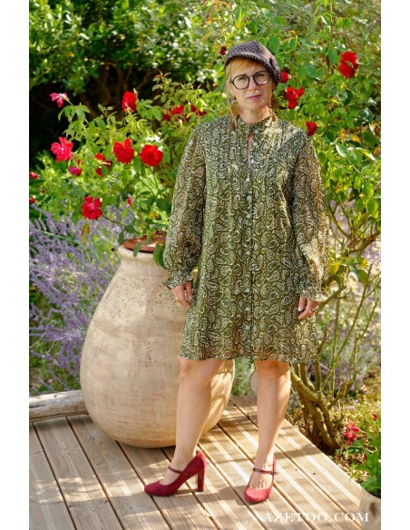 Robe chemise imprimé cachemire kaki femme | AZETOO