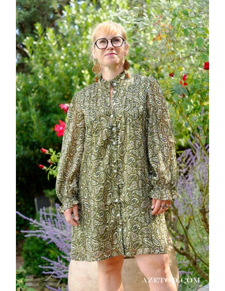 Robe chemise imprimé cachemire kaki femme | AZETOO