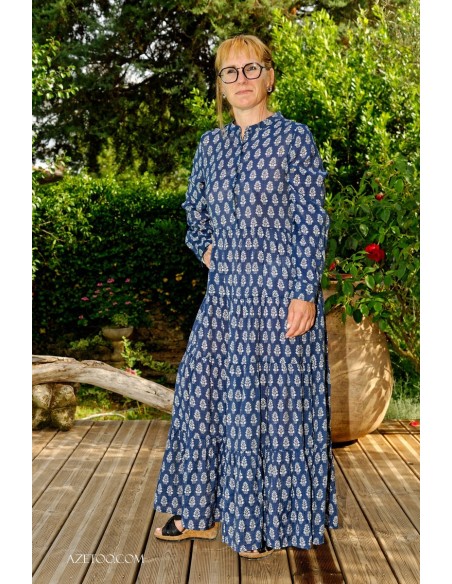 Robe longue fleurie ethnique bleu femme | AZETOO