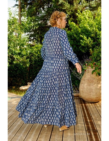 Robe longue fleurie ethnique bleu femme | AZETOO