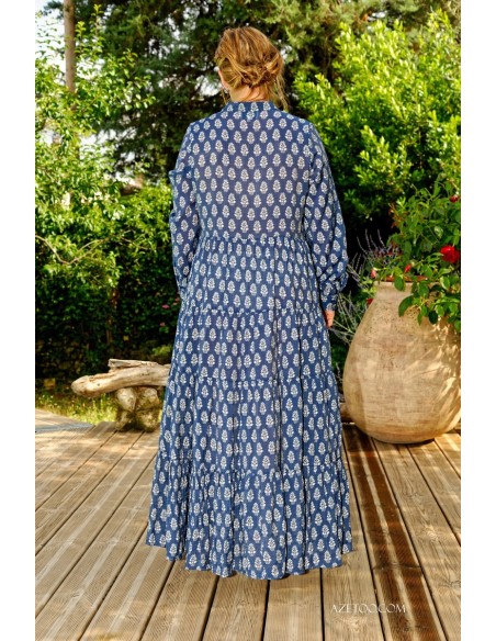 Robe longue fleurie ethnique bleu femme | AZETOO