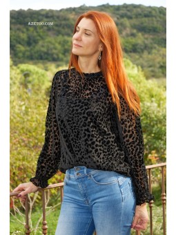 Blouse velours noire léopard femme | AZETOO 2