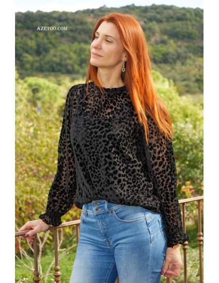 Blouse velours noire léopard femme | AZETOO