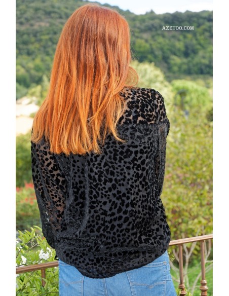 Blouse velours noire léopard femme | AZETOO