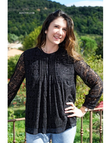 Blouse droite brodée noire femme | AZETOO