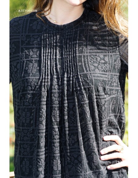Blouse droite brodée noire femme | AZETOO