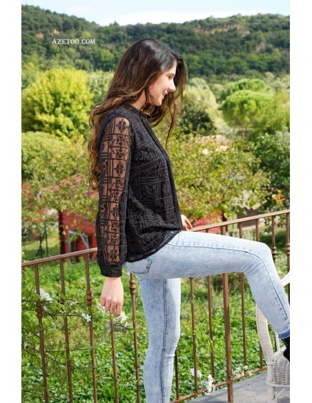 Blouse droite brodée noire femme | AZETOO