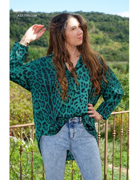 Chemise oversize léopard vert sapin femme | AZETOO