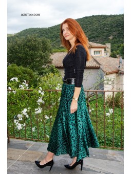 Jupe longue léopard vert sapin femme | AZETOO 2