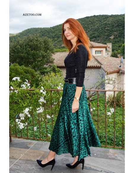 Jupe longue léopard vert sapin femme | AZETOO