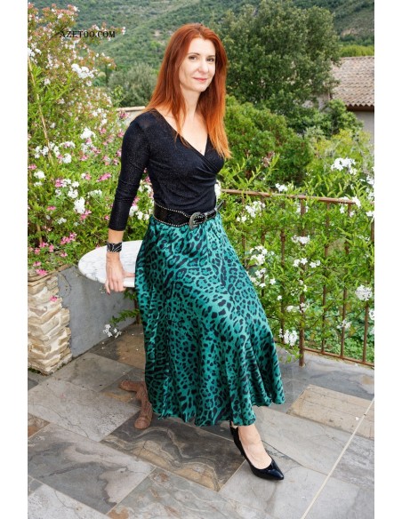 Jupe longue léopard vert sapin femme | AZETOO
