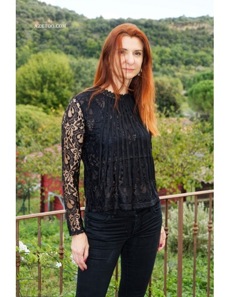 Blouse en dentelle noire femme | AZETOO