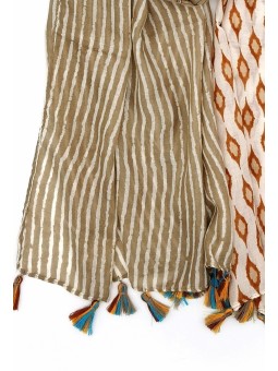 Écharpe Imprimée avec Pompons Femme Beige 2