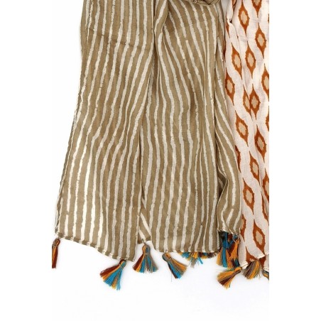 Écharpe Imprimée avec Pompons Femme Beige